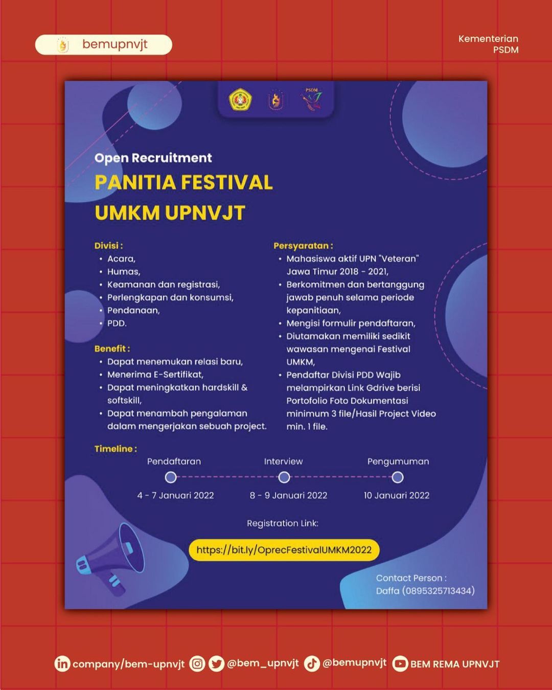 OPEN RECRUITMENT PANITIA FESTIVAL UMKM TAHUN 2022 BEM UPN VETERAN